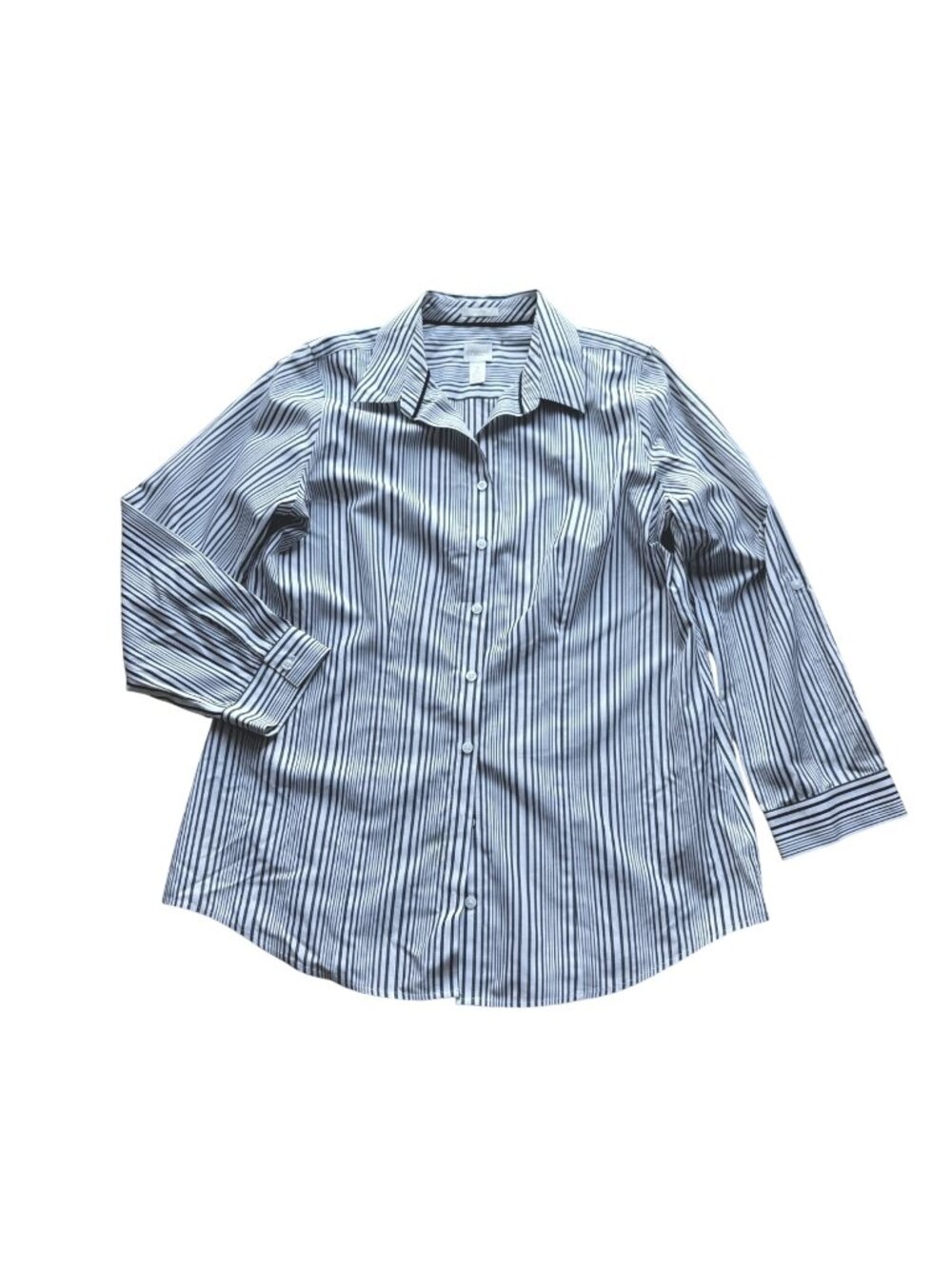Chicos Women's Button Front Shirt 2 Large Black Striped Roll Tab Sleeve Non-Iro